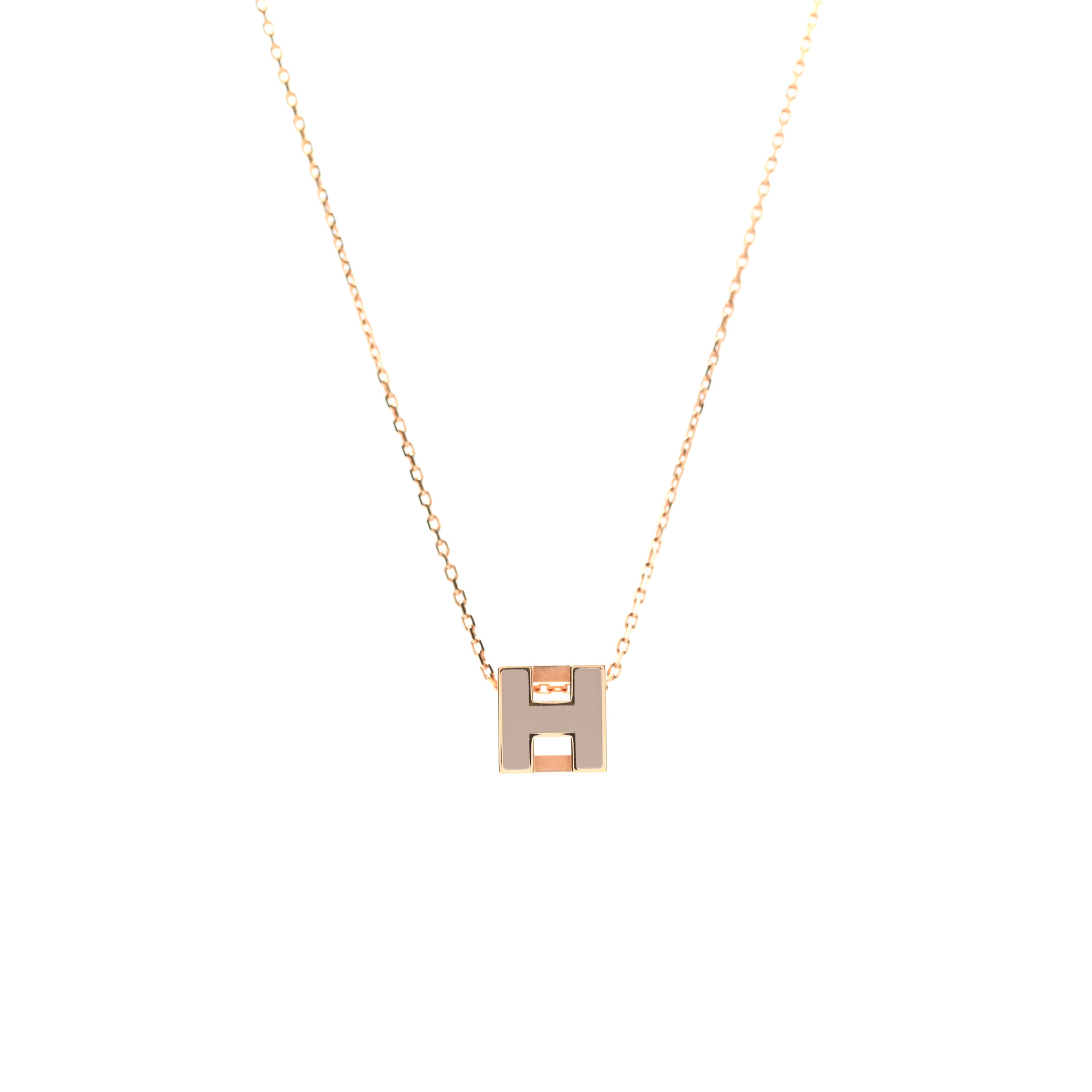 HERMÈS ROSE GOLD LACQUERED CAGE D'H NECKLACE MARRON GLACE